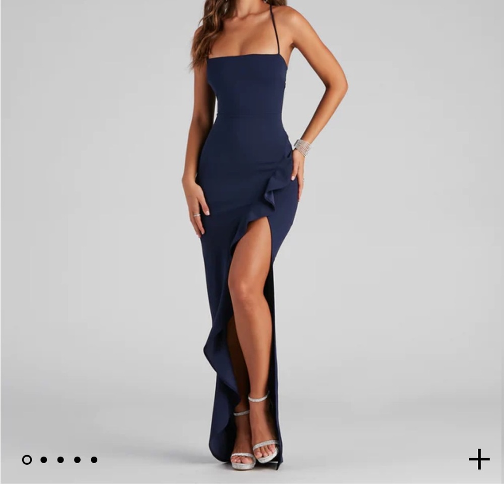 Navy blue long, Windsor dress with cut and raffle down the leg